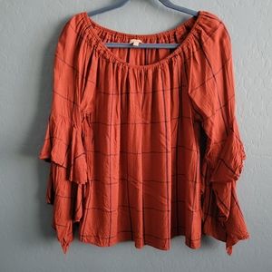 Dillards Gibson & Latimer Burnt Orange Plaid Swing Top Size Small Boho Blouse